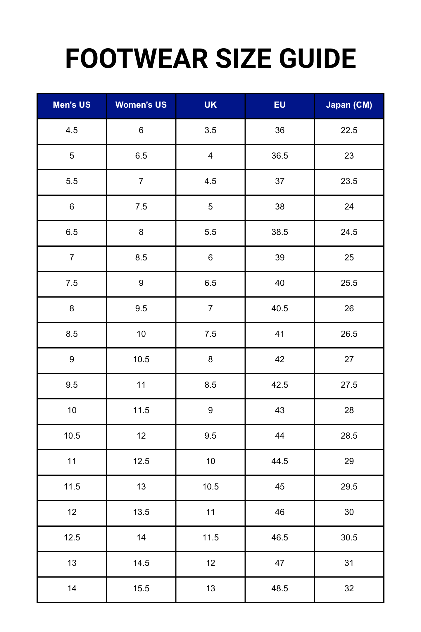 Shoes Size Chart Image