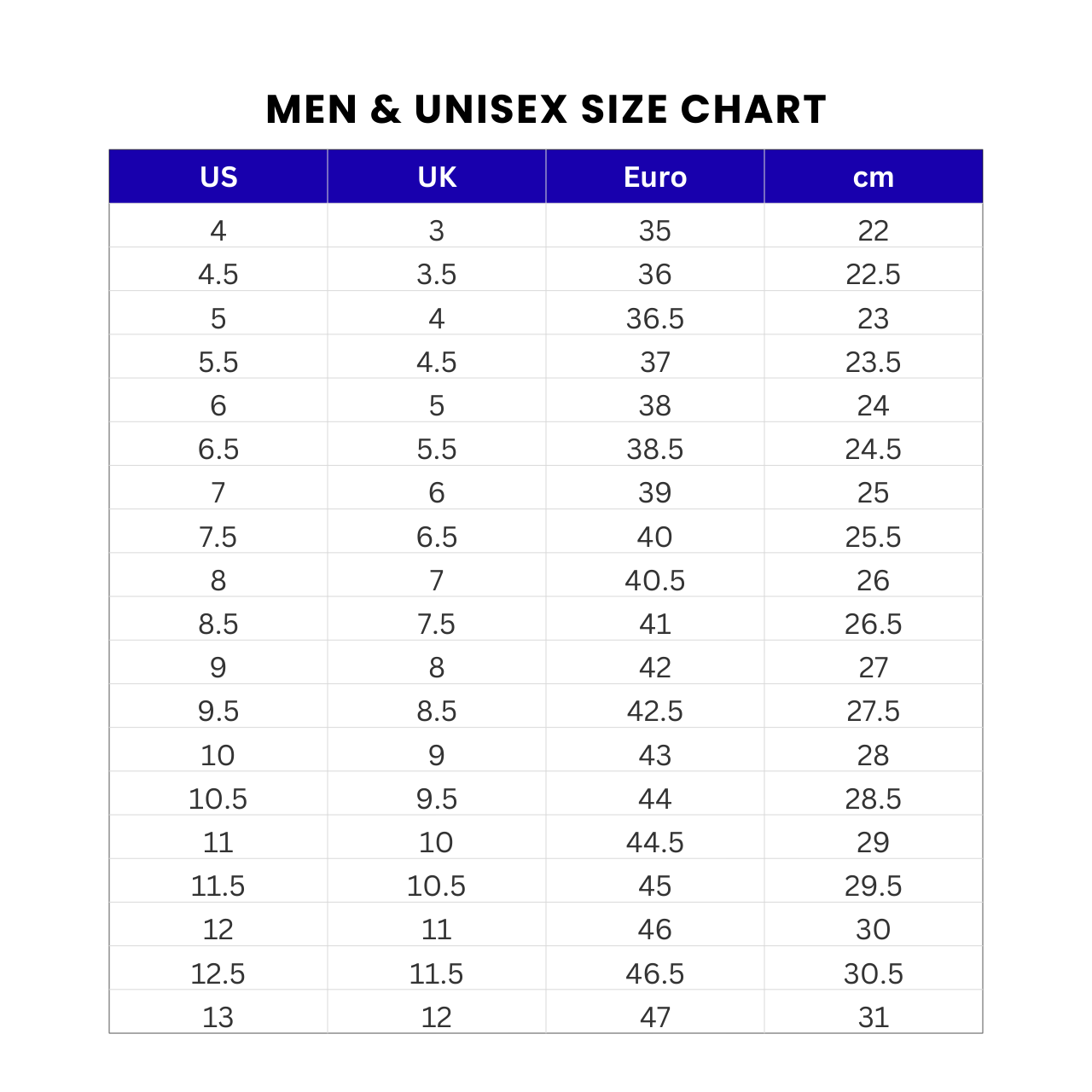 Shoes Size Chart Image
