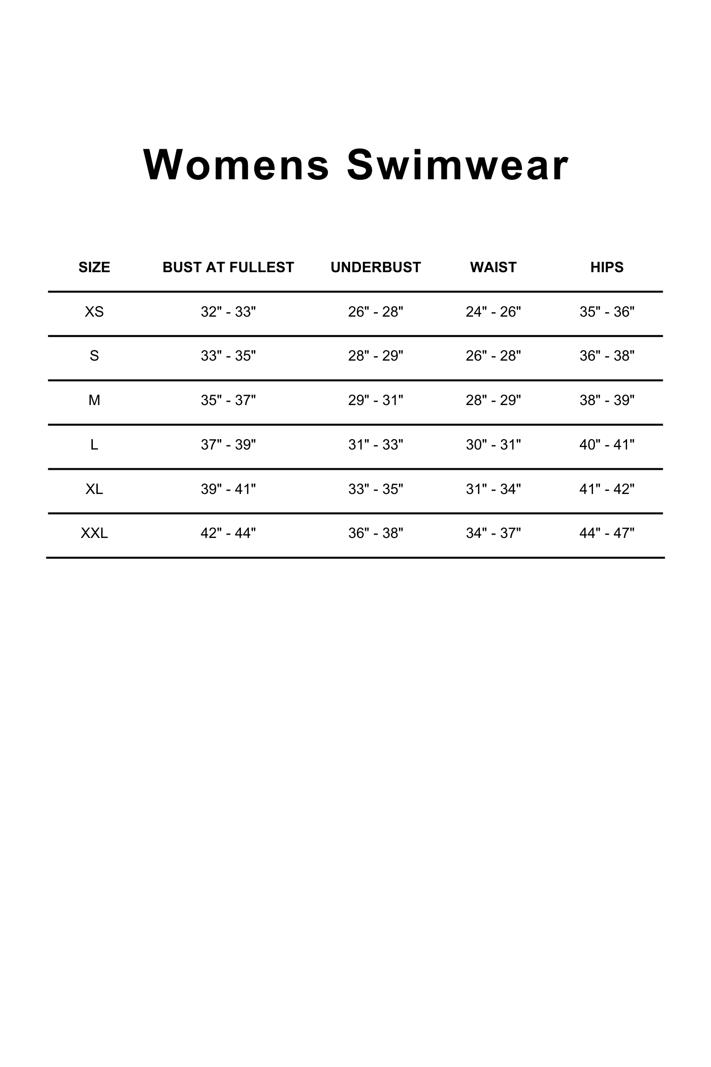 Swim Size Chart Image